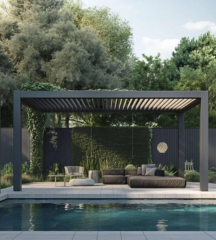 Steel pergola covering an outdoor area